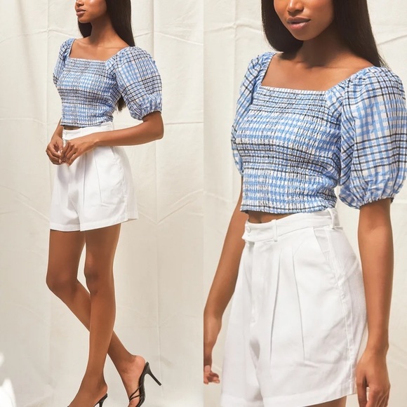 Lulus Delightful Disposition Blue Plaid Smocked Puff Sleeve Crop Top - Picture 1 of 8
